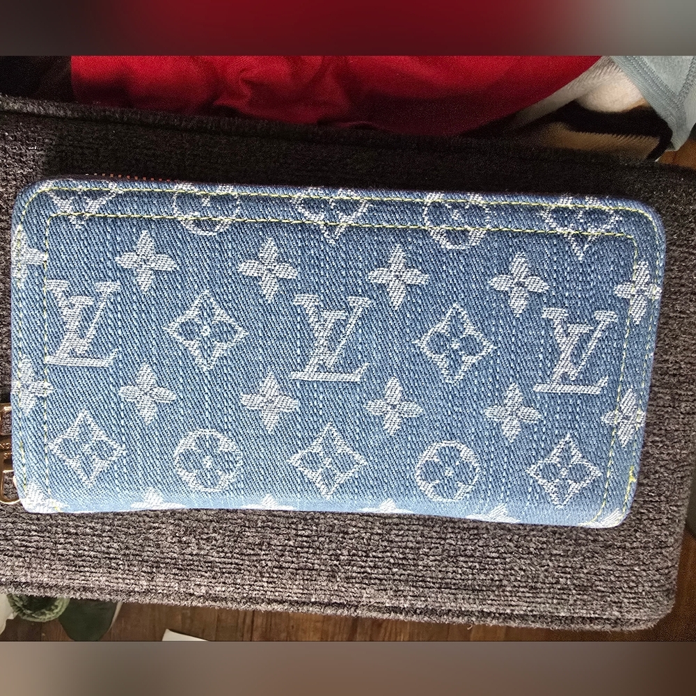 Cotton Denim Alongated Multi Compartment Blue/White Monogram Branded Logo Wallet